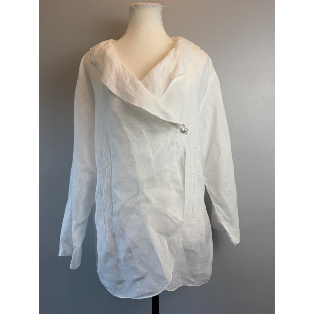 Match Point USA XL White 100% Linen Crossover Pintuck Tunic Top Wrap Ruffle